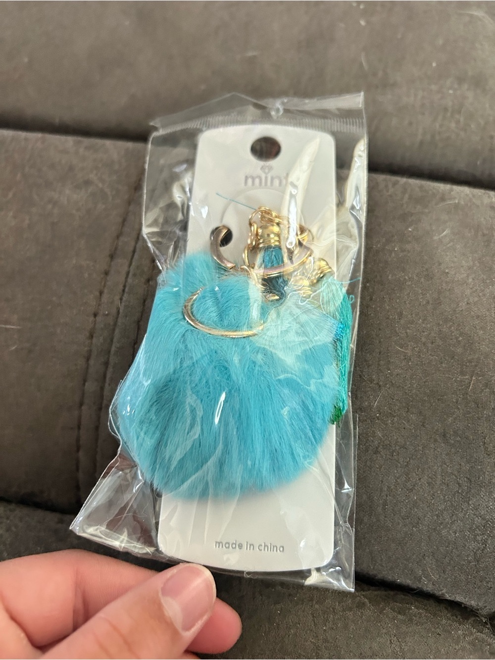 4/$50 Mint Bright Turquoise Faux Fur Pom Keychain with Gold Hardware